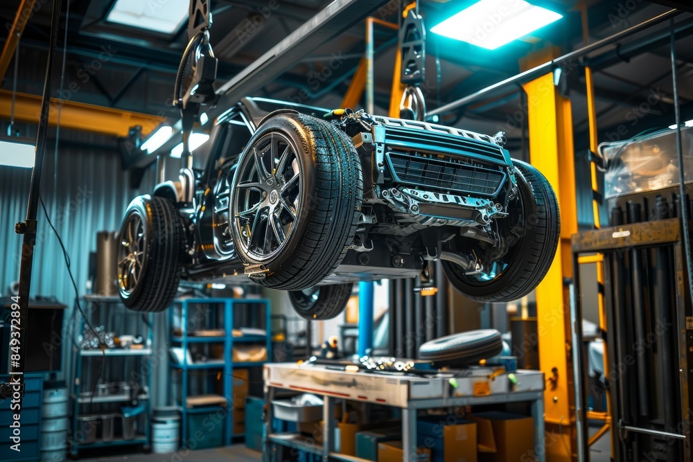 Fototapeta premium Car Engine Removal Using Hydraulic Hoist for Major Vehicle Repairs in Auto Workshop