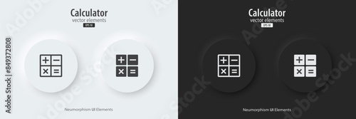 Calculator icon. A set of black and white round buttons with Calculator symbols. Icon in trendy neumorphic style. 3D Neumorphism design style for apps, websites, and interfaces. Vector Illustration