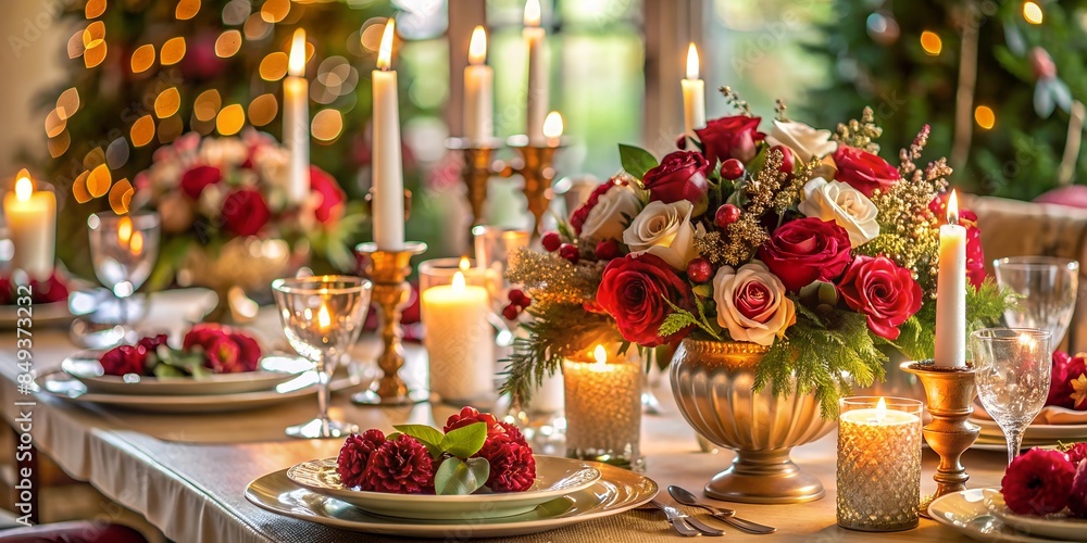 Elegant holiday table setting with beautiful flowers, candles and luxurious tableware. Gala x-mas dinner, family, wedding, friendly or social occasion Elegant holiday table setting with beautiful flowers, candles and luxurious tableware. Gala x-mas dinner, family, wedding, friendly or social occasion