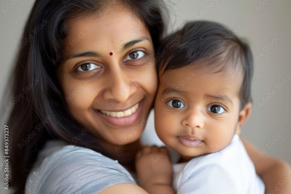 A blissfully smiling Indian mother cradles a baby boy in a white T-shirt, grey top and jeans at home. White background, white walls A blissfully smiling Indian mother cradles a baby boy in a white T-shirt, grey top and jeans at home. White background, white walls