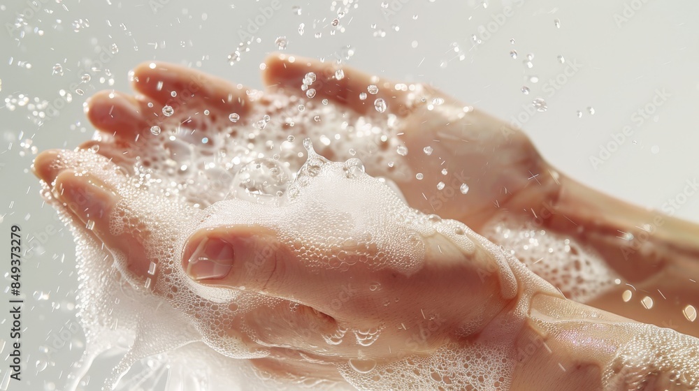 Fototapeta premium handwashing two hands being washed with soap and running water ,healthy , clean, for presentation