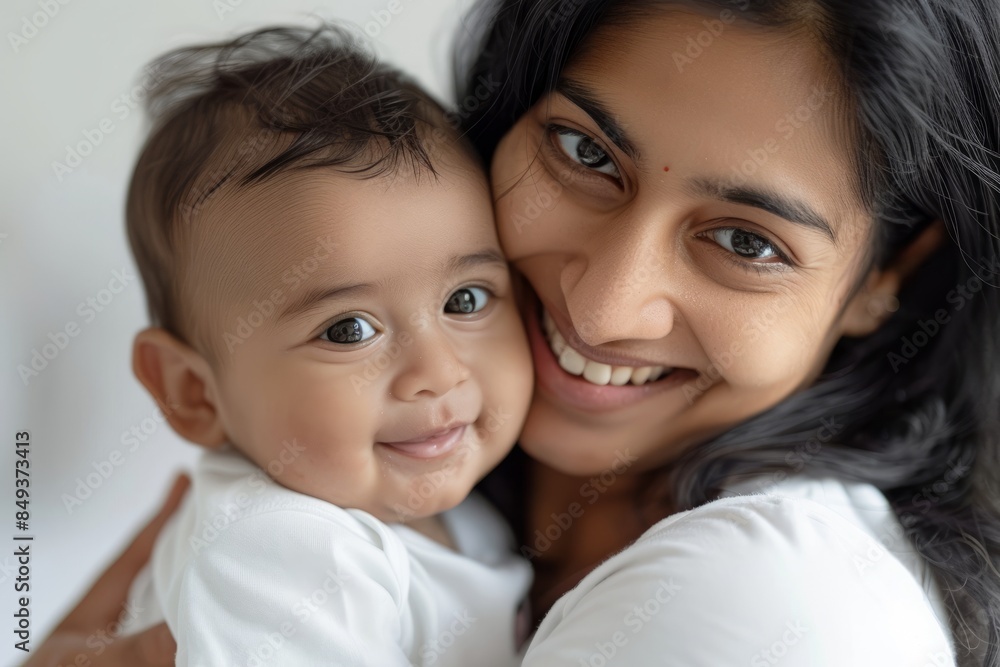A blissfully smiling Indian mother cradles a baby boy in a white T-shirt, grey top and jeans at home. White background, white walls A blissfully smiling Indian mother cradles a baby boy in a white T-shirt, grey top and jeans at home. White background, white walls