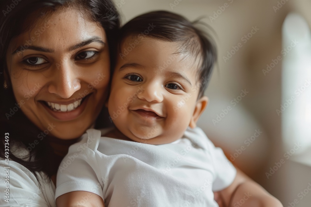 A blissfully smiling Indian mother cradles a baby boy in a white T-shirt, grey top and jeans at home. White background, white walls A blissfully smiling Indian mother cradles a baby boy in a white T-shirt, grey top and jeans at home. White background, white walls