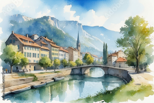 European town watercolor style