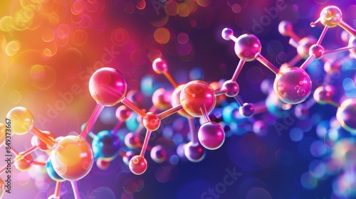 Colorful molecular structure with vibrant light effects symbolizing scientific research, chemistry, and innovation.