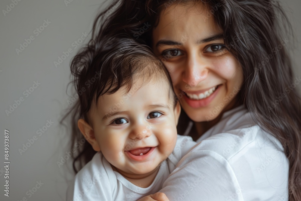 A blissfully smiling Indian mother cradles a baby boy in a white T-shirt, grey top and jeans at home. White background, white walls A blissfully smiling Indian mother cradles a baby boy in a white T-shirt, grey top and jeans at home. White background, white walls