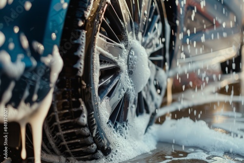 Close-Up of Car Wheel Being Cleaned with Wheel Brush and Soap at a Car Wash - Detailed Auto Care © spyrakot