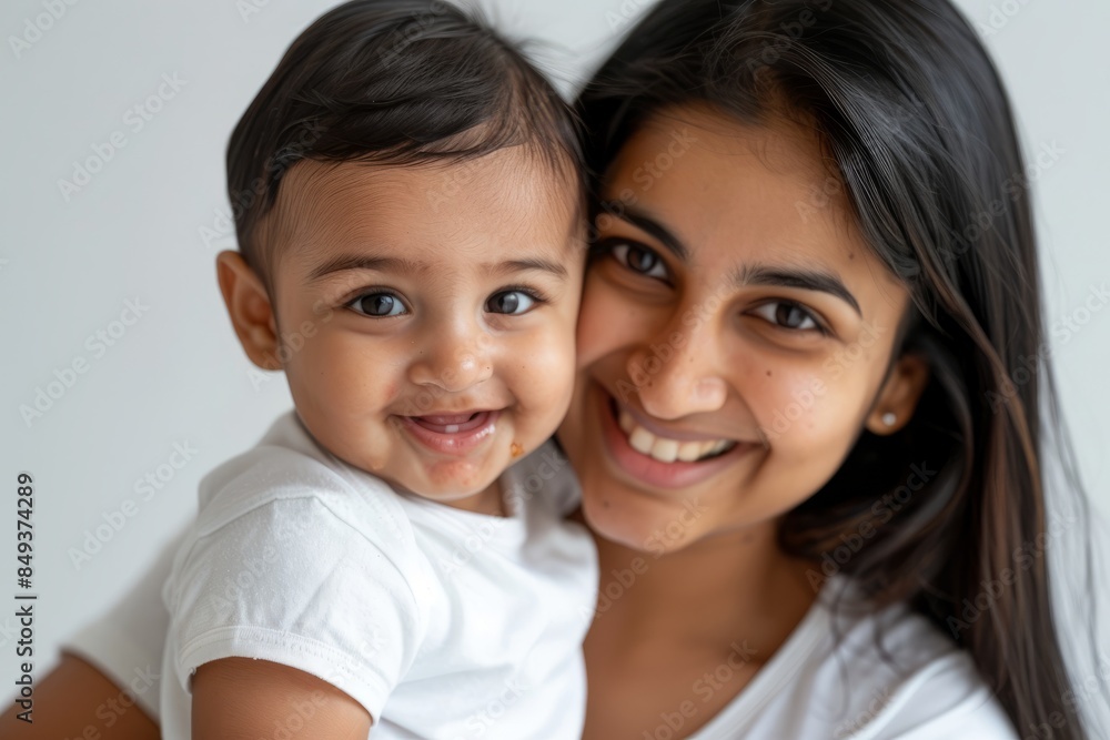 A blissfully smiling Indian mother cradles a baby boy in a white T-shirt, grey top and jeans at home. White background, white walls A blissfully smiling Indian mother cradles a baby boy in a white T-shirt, grey top and jeans at home. White background, white walls