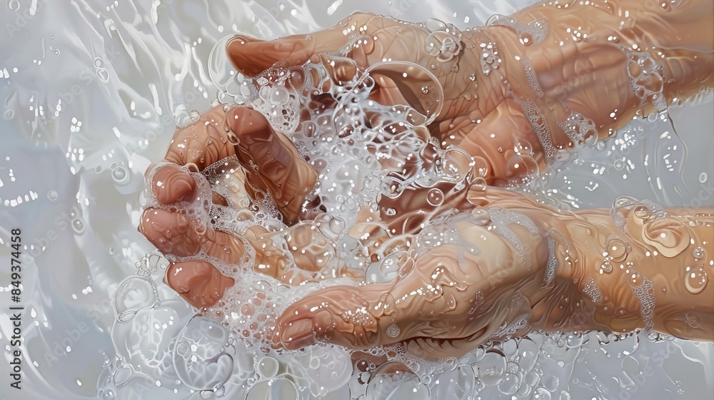 Fototapeta premium handwashing two hands being washed with soap and running water ,healthy , clean, for presentation