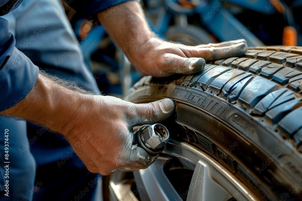 Mechanic Securing New Tire with Lug Nuts - Automotive Repair and Maintenance Concept Mechanic Securing New Tire with Lug Nuts - Automotive Repair and Maintenance Concept