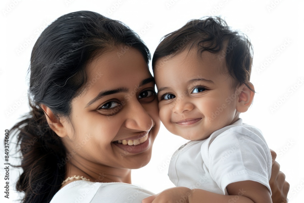 A blissfully smiling Indian mother cradles a baby boy in a white T-shirt, grey top and jeans at home. White background, white walls A blissfully smiling Indian mother cradles a baby boy in a white T-shirt, grey top and jeans at home. White background, white walls