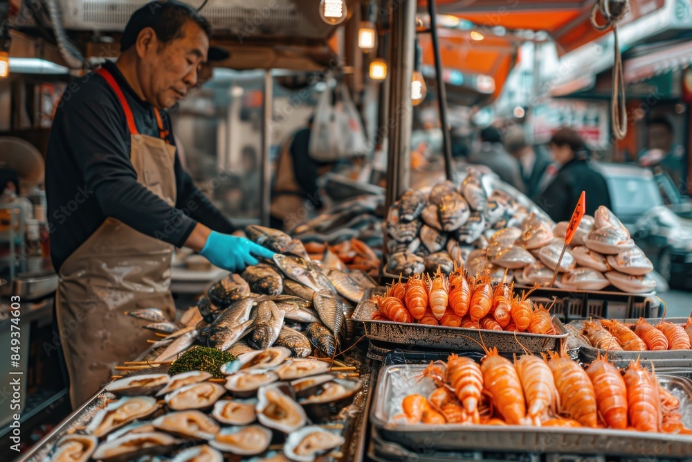 A man is selling seafood at a market A man is selling seafood at a market