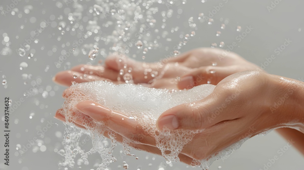 Fototapeta premium handwashing two hands being washed with soap and running water ,healthy , clean, for presentation