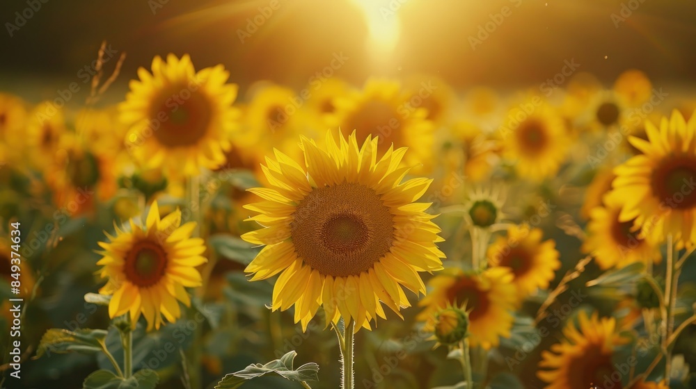 Fototapeta premium A field of yellow sunflowers with a bright sun in the background