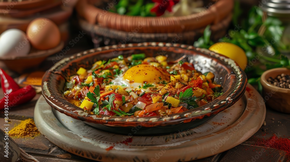 A beautifully styled Tunisian kafteji with fried vegetables, eggs, and spices, served on a rustic plate, warm indoor lighting A beautifully styled Tunisian kafteji with fried vegetables, eggs, and spices, served on a rustic plate, warm indoor lighting