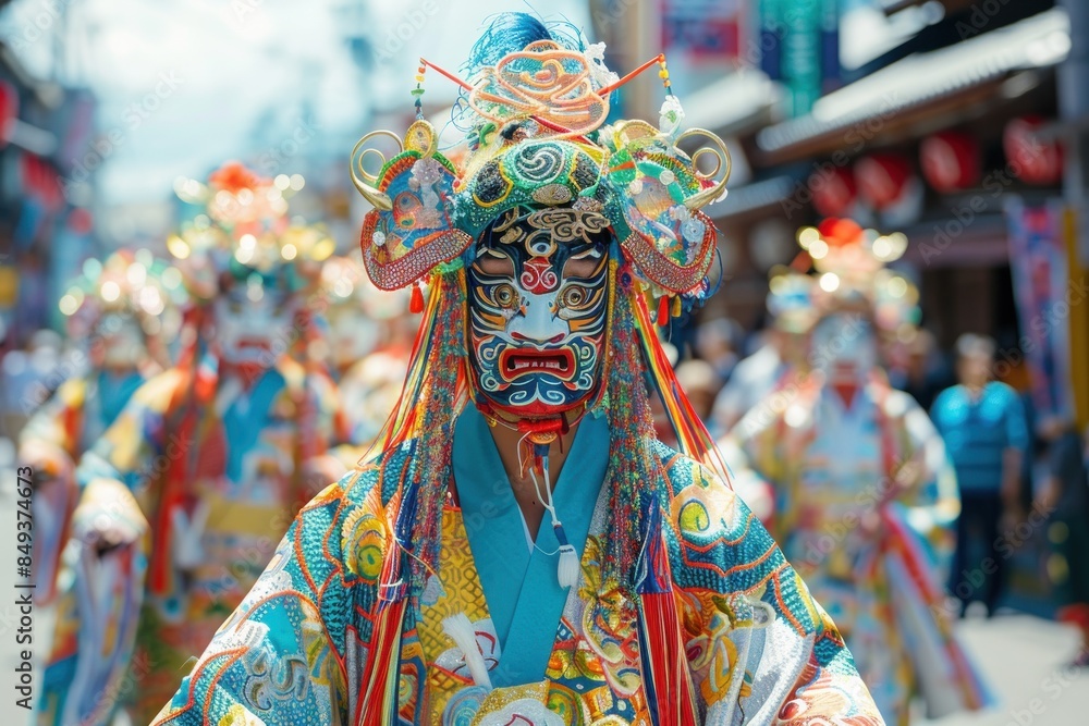 A man in a colorful costume is standing in front of a crowd A man in a colorful costume is standing in front of a crowd