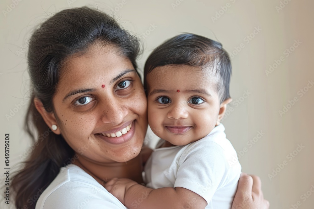 A blissfully smiling Indian mother cradles a baby boy in a white T-shirt, grey top and jeans at home. White background, white walls A blissfully smiling Indian mother cradles a baby boy in a white T-shirt, grey top and jeans at home. White background, white walls