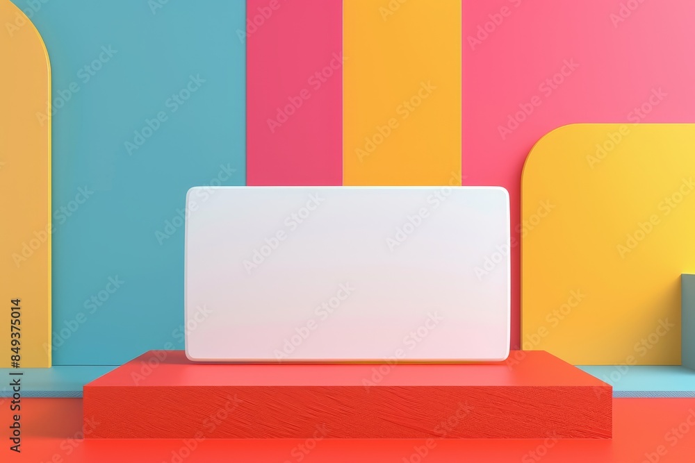 white box is on a red platform in front of a colorful wall white box is on a red platform in front of a colorful wall