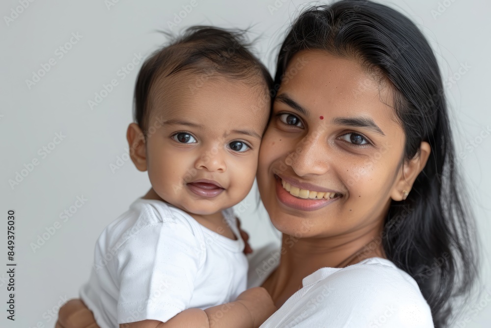 A blissfully smiling Indian mother cradles a baby boy in a white T-shirt, grey top and jeans at home. White background, white walls A blissfully smiling Indian mother cradles a baby boy in a white T-shirt, grey top and jeans at home. White background, white walls