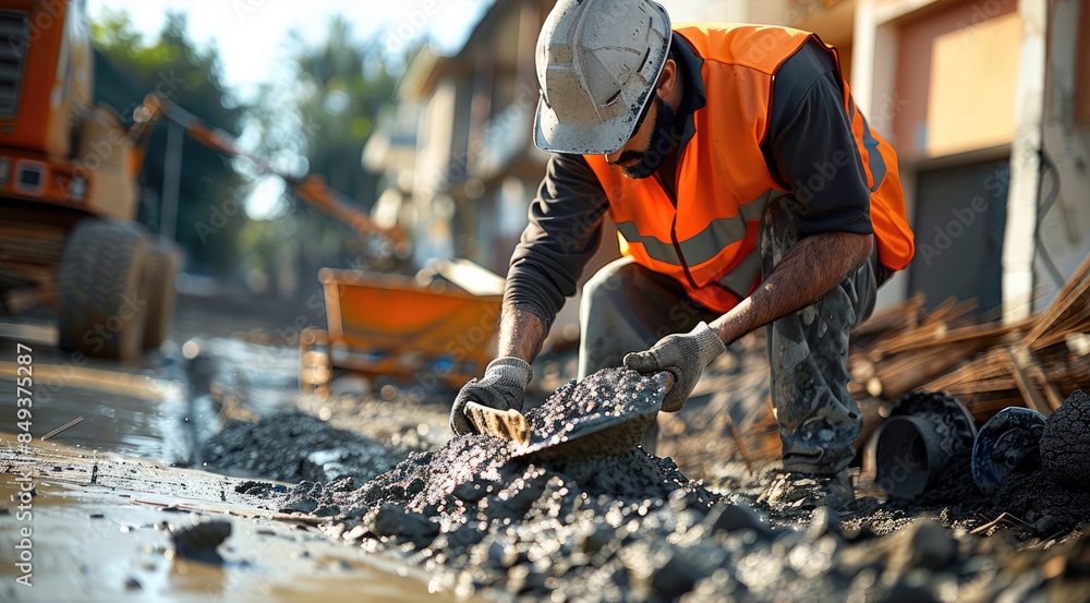 A construction worker mixing concrete with a pre-mixed sand and gravel blend, detailed textures of the concrete mix, tools like a shovel and wheelbarrow nearby. Generative AI. A construction worker mixing concrete with a pre-mixed sand and gravel blend, detailed textures of the concrete mix, tools like a shovel and wheelbarrow nearby. Generative AI.