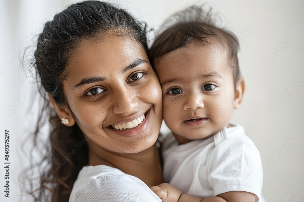 A blissfully smiling Indian mother cradles a baby boy in a white T-shirt, grey top and jeans at home. White background, white walls A blissfully smiling Indian mother cradles a baby boy in a white T-shirt, grey top and jeans at home. White background, white walls
