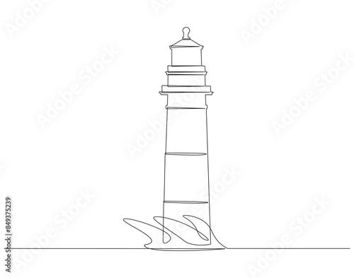 Continuous one line drawing of lighthouse tower on the ocean. One line drawing illustration of lighthouse tower. Searchlight concept continuous line art. Editable outline.