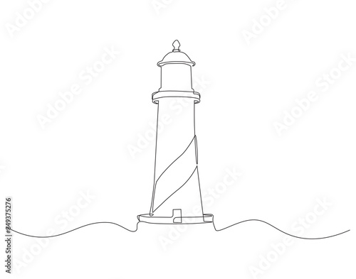 Continuous one line drawing of lighthouse tower on the ocean. One line drawing illustration of lighthouse tower. Searchlight concept continuous line art. Editable outline.