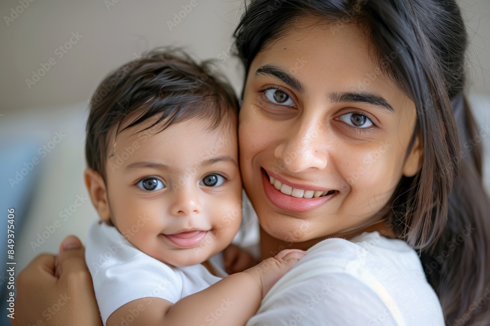 A blissfully smiling Indian mother cradles a baby boy in a white T-shirt, grey top and jeans at home. White background, white walls A blissfully smiling Indian mother cradles a baby boy in a white T-shirt, grey top and jeans at home. White background, white walls