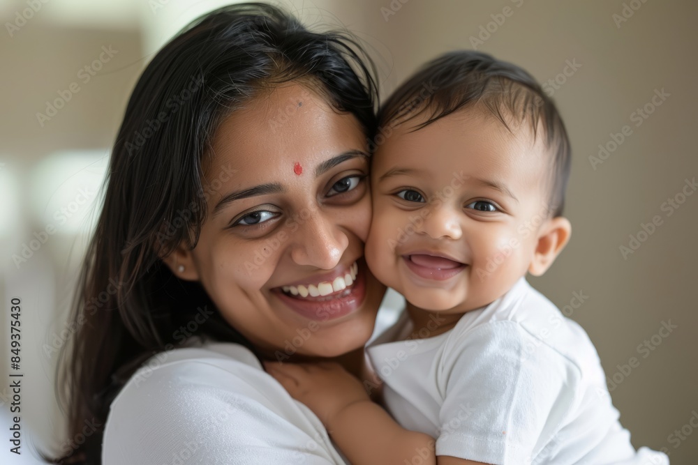 A blissfully smiling Indian mother cradles a baby boy in a white T-shirt, grey top and jeans at home. White background, white walls A blissfully smiling Indian mother cradles a baby boy in a white T-shirt, grey top and jeans at home. White background, white walls