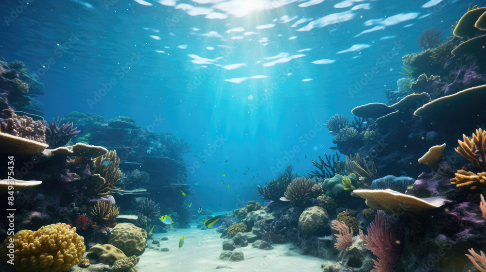 Fototapeta premium Underwater scene with colorful coral reef and various tropical fish, background