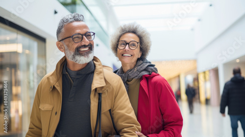 Smiling middle aged couple walking in shopping mall holding shopping bags
