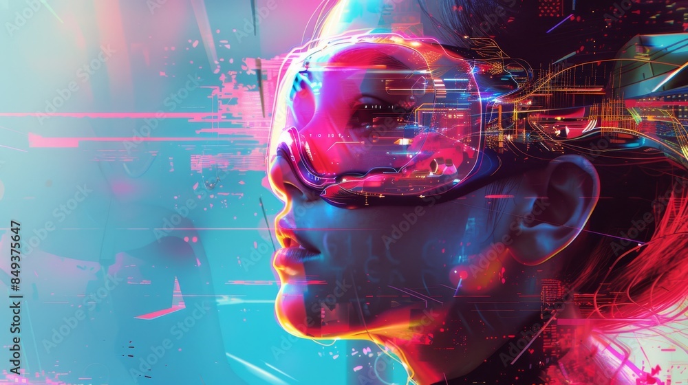 Futuristic digital art of a person wearing augmented reality goggles, immersed in a vibrant, neon-lit virtual environment. Futuristic digital art of a person wearing augmented reality goggles, immersed in a vibrant, neon-lit virtual environment.