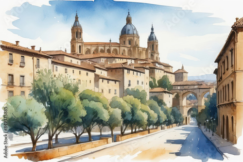 Watercolor landscape of segovia cathedral on hilltop
 photo