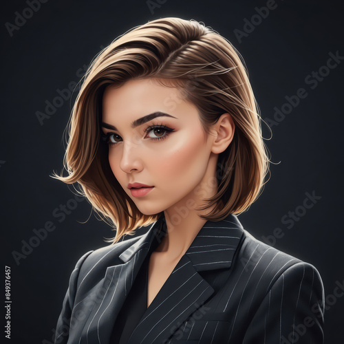 portrait of a woman suit, isolated black background, art vector style