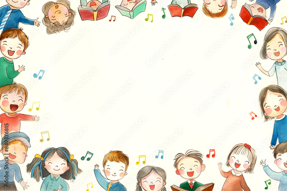 Children choir and Music Notes illustration in a border frame design. Copy space concept Children choir and Music Notes illustration in a border frame design. Copy space concept