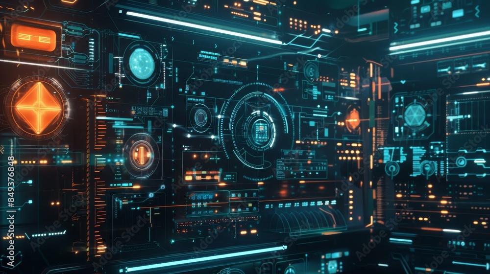 Futuristic digital technology interface with holographic elements, vibrant colors, and intricate data visualizations in a sci-fi virtual environment. Futuristic digital technology interface with holographic elements, vibrant colors, and intricate data visualizations in a sci-fi virtual environment.