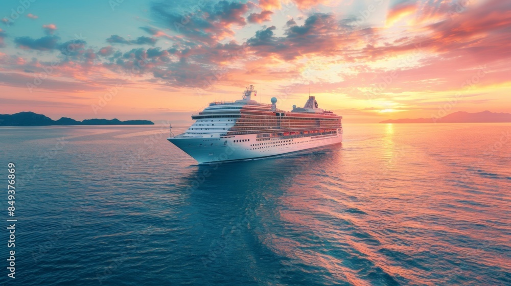 Majestic luxury cruise ship gliding on serene ocean waters at sunrise, perfect for captivating marketing visuals Majestic luxury cruise ship gliding on serene ocean waters at sunrise, perfect for captivating marketing visuals
