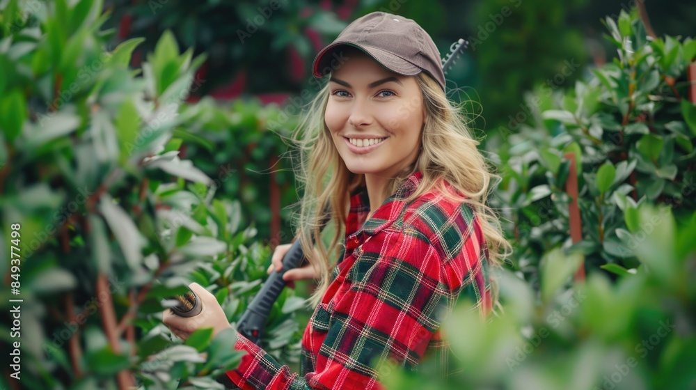 A woman wearing a red and green plaid shirt, casual outdoor attire A woman wearing a red and green plaid shirt, casual outdoor attire