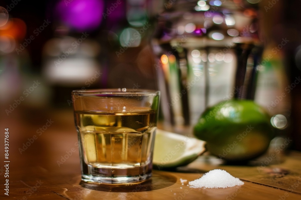 Close-up of tequila shot with lime and salt on wooden bar
