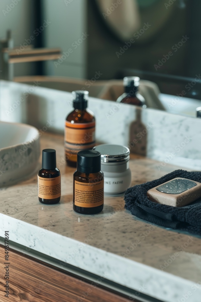 Men's Skincare Routine Flat Lay - Facial Peeling Products, Masculine Design, Minimalist Bathroom Setting Men's Skincare Routine Flat Lay - Facial Peeling Products, Masculine Design, Minimalist Bathroom Setting