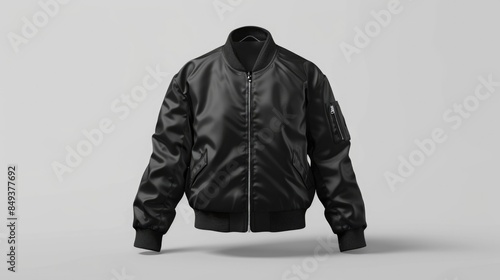 A close-up shot of a black bomber jacket against a white background photo