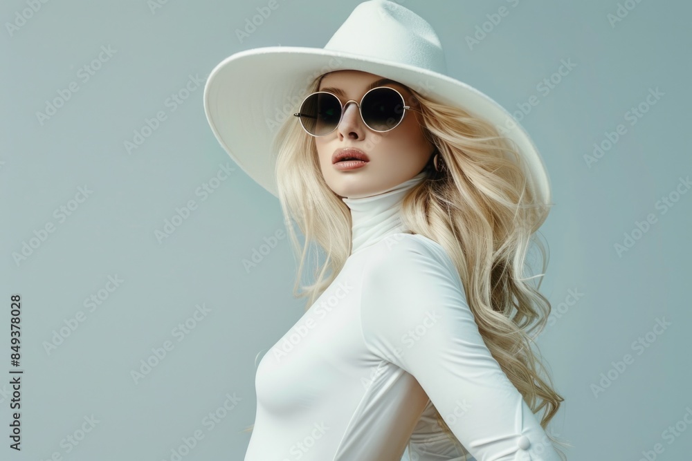 Fototapeta premium A woman wearing a white hat and sunglasses outdoors