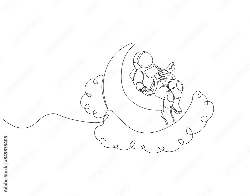 Continuous one line drawing of astronaut on the moon. One line drawing ...
