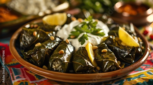 A colorful dish of stuffed grape leaves