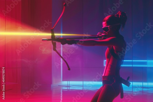 A woman holds a bow and arrow in a bright, neon-lit room photo