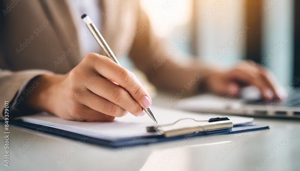 hand writing on paper with a pen, against a blurred beige suit background, highlighting precision and focus in a professional setting hand writing on paper with a pen, against a blurred beige suit background, highlighting precision and focus in a professional setting
