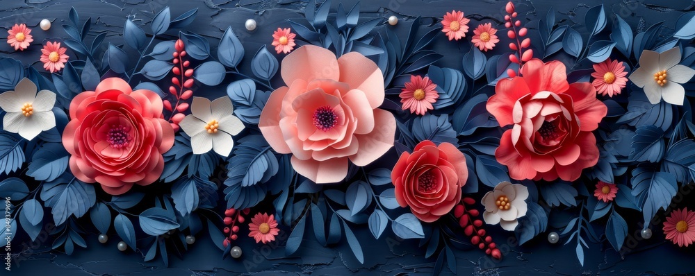 3D paper art floral arrangement on dark grey background with colorful flowers 3D paper art floral arrangement on dark grey background with colorful flowers
