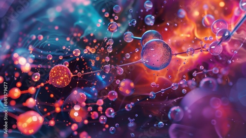 Vibrant abstract molecular structure with colorful atoms and molecules interconnected, showcasing the beauty and intricacy of scientific visuals.