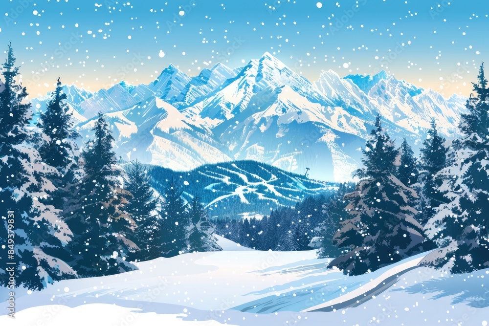 Obraz premium A serene winter scene featuring snow-covered pine trees and distant mountains