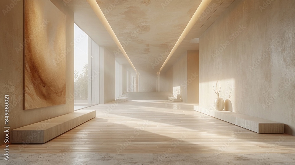Obraz premium Minimalist hallway with soft natural light streaming through large windows, featuring smooth wooden flooring and simple, elegant decor.